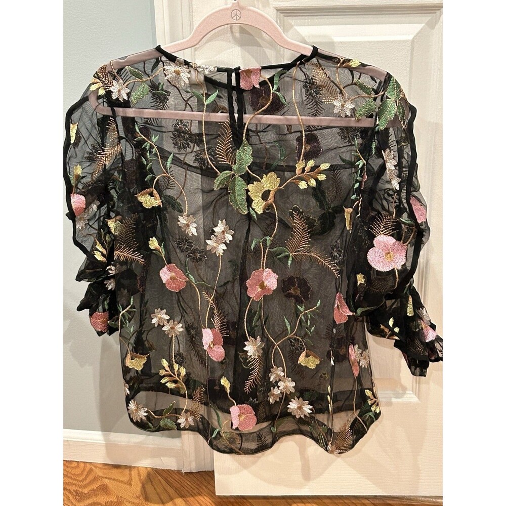 H & M Embroidered Black Sheer Blouse Size 10